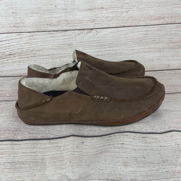 OluKai Moloā Mens Sz 8 Slippers Dark Wood Brown Leather Nubuck Shearling Lining main image 6